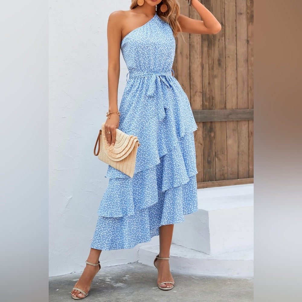 Elegant Blue One-Shoulder Dress